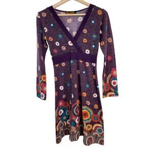 Luna Claire Women's S Purple Floral V-Neck Knit Dress Handmade in Thailand